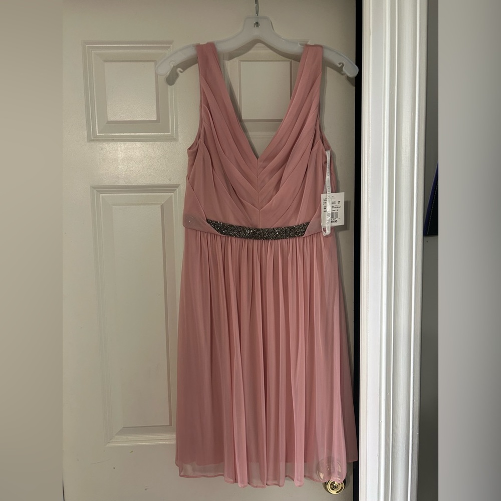 Pink short bridesmaid dress with bejeweled waist band
